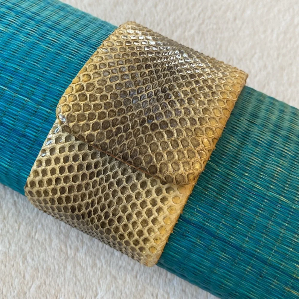 John Carlo Creations snakeskin and ombré turquoise to yellow raffia clutch